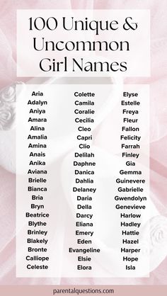 the 100 unique and uncommon girl names on a pink tulle background with text overlay