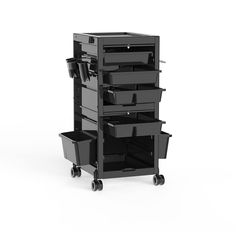 a stack of black drawers on wheels with one drawer open and the other closed, in front of a white background