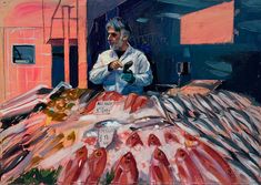 a painting of a man standing at a fish market