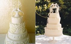 the wedding cake is decorated with white frosting and has a bride and groom figurine on top