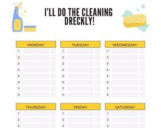 i'll do the cleaning checklist with yellow and blue items on it, next to a bottle of cleaner