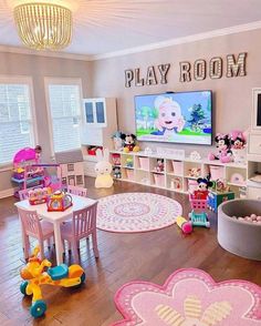 a child's play room with mickey mouse rugs and toys