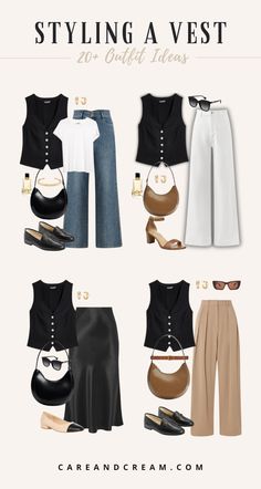 How To Style A Black Waistcoat, Women Black Vest Outfit, How To Style A Black Vest Women, How To Wear Vests Outfits, Black Vest Outfit Summer, How To Wear A Vest Women Summer, Black Waist Coat Outfit Women, Classic Vest Outfits, Black Vest Outfits For Women Casual