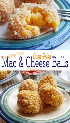 there are two pictures of mac and cheese balls on the plate