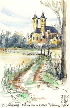 a drawing of a church in the country