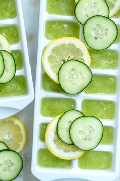 cucumber and lemon slices in ice trays