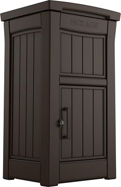 a brown wooden cabinet with the word packages on it's front and side panels