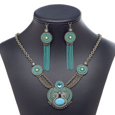 Ready-to-wear jewelry is great for counter sales or giving as a gift. Antique gold-finished brass, steel and "pewter" (zinc-based alloy) necklace and earring set features turquoise blue embellishments and glass rhinestone accents. Necklace And Earring Set, Everyday Jewelry, Ear Wire, Turquoise Blue, Lobster Claw, Gift Necklace, Antique Gold, Earring Set, Embellishments