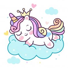 a cute little unicorn sleeping on top of a cloud with a tiara over it's head