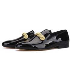 Step into luxury and sophistication with these Patent Leather Men Loafers with Gold Rope. Crafted with premium pigskin and patent leather materials for breathable comfort and classic style, this men loafer shoe is ready to elevate any look. The rubber soles give a secure footing that will last you season after season, making these men shoes an investment in your style. What are you waiting for? Step up your style now! Elegant Patent Leather Slip-ons For Business, Patent Leather Slip-on Shoes For Business, Patent Leather Loafers For Galas With Plain Toe, Business Patent Leather Slip-on Loafers, Slip-on Patent Leather Party Loafers, Slip-on Patent Leather Dress Shoes With Plain Toe, Slip-on Patent Leather Loafers For Party, Party Patent Leather Slip-on Loafers, Patent Leather Slip-on Loafers For Galas