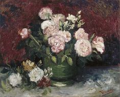 a painting of pink roses in a green vase on a brown tablecloth with other flowers