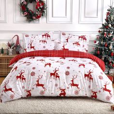 PRICES MAY VARY. 🎅REVERSIBLE DUVET COVER: Adorned with Christmas-inspired double-sided prints, this duvet cover features reindeer and snowflakes on the front, and red plaid on the reverse. This beautiful, soft holiday duvet cover set will make any bedroom fill with holiday cheer 🎅SOFT BRUSHED MICROFIBER: The Christmas duvet cover set is made from brushed fabric, offering soft and comfortable feeling, helping you get a comfy sleep. This bedding set will make your home beautiful in cold Christma Red Duvet, Christmas Duvet Cover, Christmas Bedding Set, Christmas Duvet, Patterned Bedding, Christmas Bedding, Quilted Duvet Cover, Queen Comforter Sets, Print Comforter