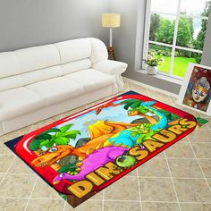 the rug is on the floor in front of a white couch and window with an image of dinosaurs