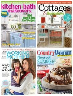 four magazines with pictures of women cooking and baking on them, including the cover of cottage & makeovers