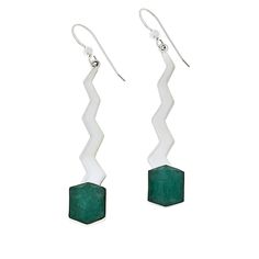 Jay King Sterling Silver Emerald Wavy Drop Earrings Add a touch of fun fashion to your jewelry collection with these handcrafted sterling silver earrings. The artistic, dangling drops feature faceted Brazilian emeralds topped with a wavy, silver cut-out.       Approx. 2-5/16"L x 3/8"W     Stamped .925     Pierced with wire backs     Sterling silver earrings each have checkerboard-faceted, hexagon-shaped opaque emerald bezel-set at base of wavy, zig-zag silver piece   Stone Information       All Contemporary Drop Style Jewelry For Gifts, Green Modern Sterling Silver Earrings, Modern Green Sterling Silver Earrings, Contemporary Green Sterling Silver Jewelry, Contemporary Gift Jewelry Long Drop, Fun Fashion, Hexagon Shape, Silver Pieces, Bezel Setting