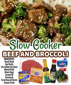 an advertisement for slow cooker beef and broccoli