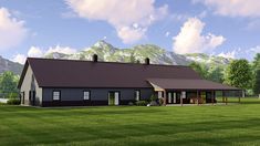 a rendering of a house in the middle of a field with mountains in the background