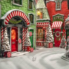 a painting of a christmas town with candy canes