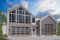 this is an artist's rendering of a two story house with garages and windows