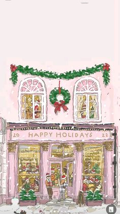 a drawing of a store front decorated for christmas