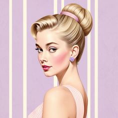 a painting of a woman with blonde hair in a bun and pink dress, against a purple background