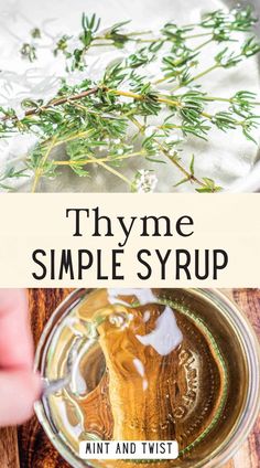 thyme simple syrup in a glass with rosemary sprigs on top and text overlay that reads thyme simple syrup