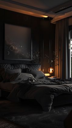 a bedroom with a large bed in front of a window and a night light on the wall