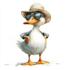 a drawing of a duck wearing sunglasses and a hat