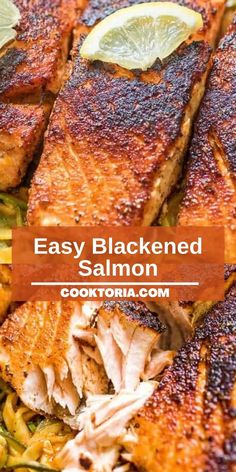 grilled salmon with lemons and herbs on the side, next to an easy blackened salmon recipe