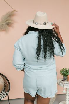 How cute is this light wash denim romper?! It's long sleeve, has snap buttons up the top, a drawstring at the waist, and side pockets! The sleeves can be rolled up and snapped in place on the upper sleeve Available at Blvd location Fabric: 100% Lyocell Model is 5'8 (wears a size 15 in bottoms), wearing a size 2XL romper Spring Light Wash Button-up Jumpsuits And Rompers, Light Wash Button-up Jumpsuits And Rompers For Spring, Long Sleeve Relaxed Fit Denim Jumpsuit With Button Closure, Light Wash Denim Long Sleeve Jumpsuit, Light Wash Button-up Jumpsuits And Rompers, Light Wash Long Sleeve Jumpsuits And Rompers For Spring, Spring Light Wash Long Sleeve Jumpsuits And Rompers, Light Wash Long Sleeve Jumpsuit For Spring, One Wish