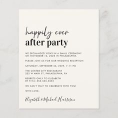 the happily ever after party card is displayed on a marble surface with white and black ink