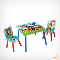 children's table and chair set with paw patrol design on the top, blue legs