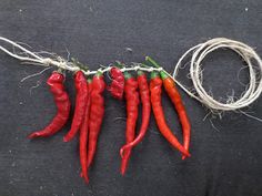 five red chili peppers hanging from a string on a black surface with white twine