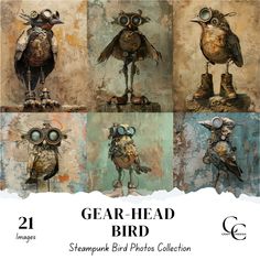 four different images of birds with goggles on their heads and beaks, all in various poses