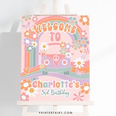 a pink poster with an image of a bus and flowers on it that says welcome to charlotte's 3rd birthday