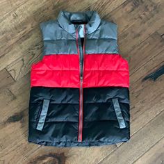 Nwot Boys Sonoma Branded Size 8 Insulated Zipper Vest. Gray Red And Black Striped And In Perfect Condition, Never Worn. Comes From An Indoor Pet Free And Smoke Free Home. Red Color Block Winter Outerwear, Red Winter Outerwear For School, Red Casual Outerwear For School, Red Outerwear For School In Fall, Multicolor School Winter Outerwear, Zipper Vest, Indoor Pets, Kids Jacket, Red And Black