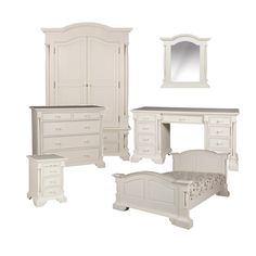 a white bedroom furniture set including a bed, dresser, mirror and chest of drawers