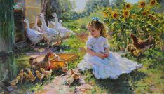 Girl With Baby, Konstantin Razumov, Painting Grass, Japanese Paintings, Movie Maker, Russian Painting, Farm Art, Chicken Art, Sunflower Field