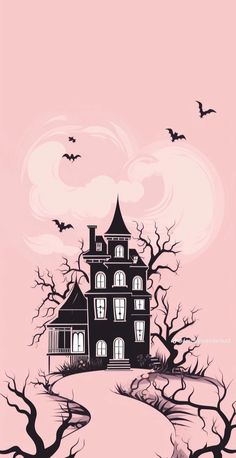 a creepy house with bats flying over it and trees in the foreground, on a pink background