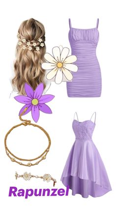 a purple dress, bracelets and necklace with flowers on the bottom is featured in this image