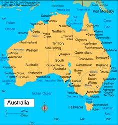 a large map with all the major cities and towns in australia on it's borders