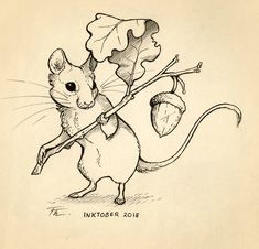 an ink drawing of a mouse holding a leaf and acorn in it's paws