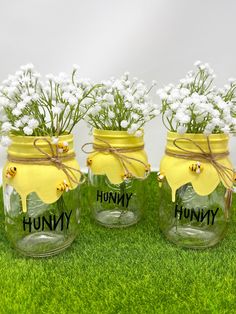 three jars with flowers in them sitting on the grass next to each other, labeled'hummy '