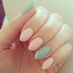 Spring Nails - almond pale pink and green Pink And Green Spring Nails, Light Pink And Green Nails, Pale Pink And Green Nails, Pink Wedding Nails, Baby Shower Nails, Pink Tip Nails, Gel Toes, Gel Toe Nails