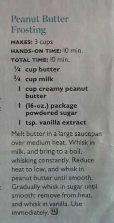 a recipe for peanut butter frosting on a piece of paper with instructions to make it