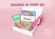 an open box with items inside it on a pink background that says included in every kit