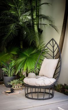 a chair sitting on top of a patio next to plants