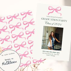 a graduation party card with pink ribbon on it and a photo of a woman in a white dress