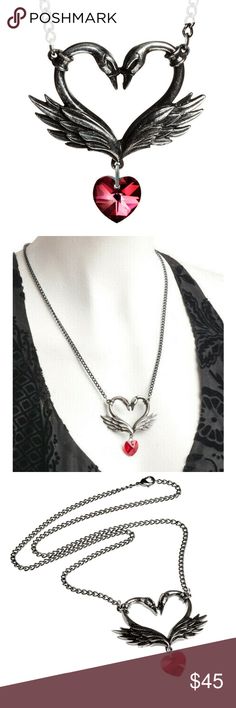 Swan Heart Necklace Pendant Womens Pewter Crystal Swan Heart Necklace Pendant Womens Pewter Bird Swarovski Crystal Ruby Red Gift  Brand New!  High Quality Construction  Approximate Dimensions: Height: 56mm (2.20") Width: 53mm (2.09") Depth: 7mm (0.28") Chain Length: 21"  Materials: Polished Black Fine English Pewter, Siam Swarovski Crystal Heart  Made in England  From Smoke Free Environment      ***2497 Legends Jewelry Necklaces Gothic Heart-shaped Necklace For Valentine's Day, Valentine's Day Silver Metal Heart Necklace, Valentine's Day Silver Heart Necklace, Gothic Silver Heart Necklace, Gothic Metal Heart Necklace For Valentine's Day, Gothic Silver Heart Pendant Necklace, Silver Gothic Heart Necklace For Valentine's Day, Gothic Silver Heart Necklace For Valentine's Day, Silver Gothic Heart Charm Necklace