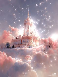 a castle in the sky surrounded by clouds with stars and sparkles on it's sides